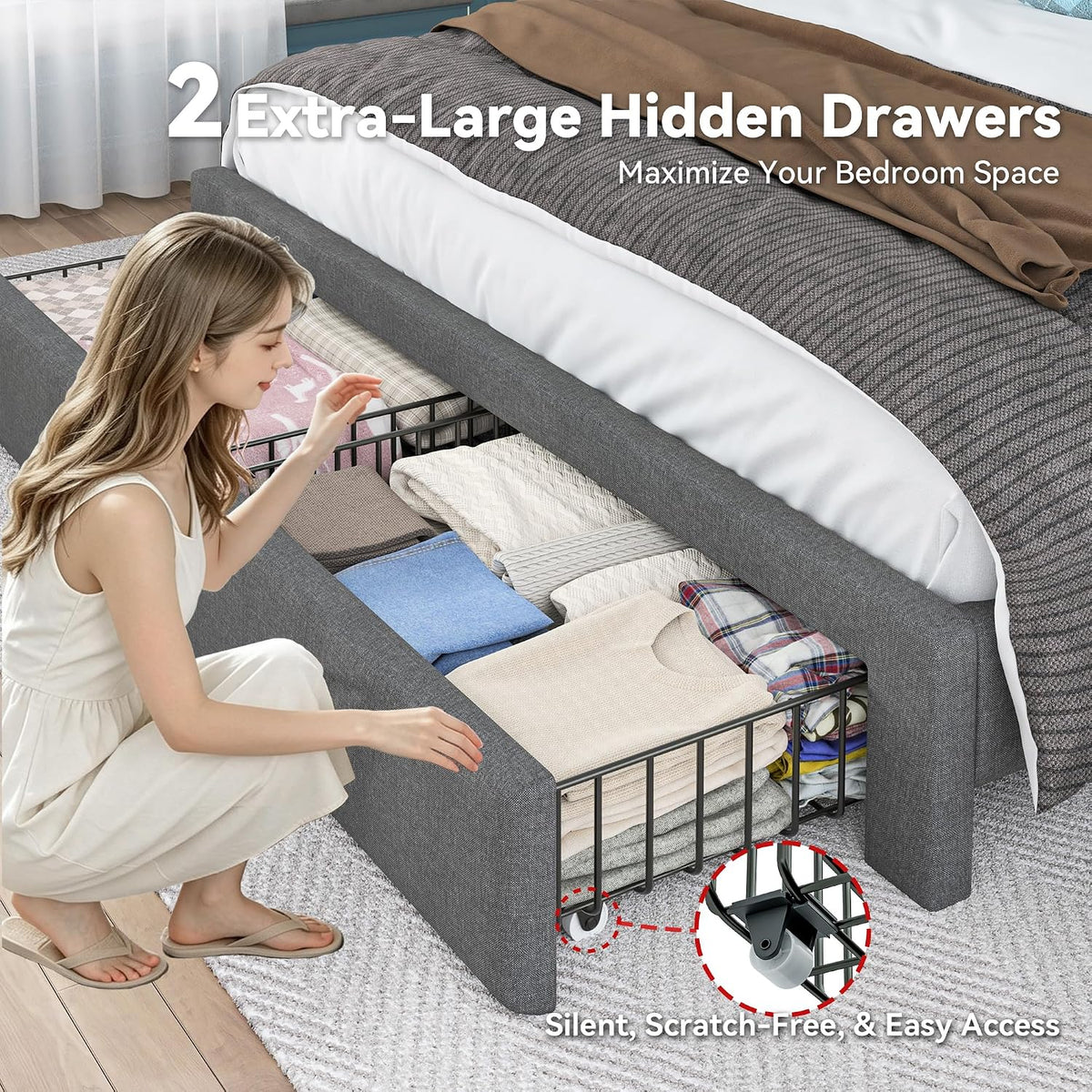 queen bed frame with 2-tier storage headboard and, close-up detail