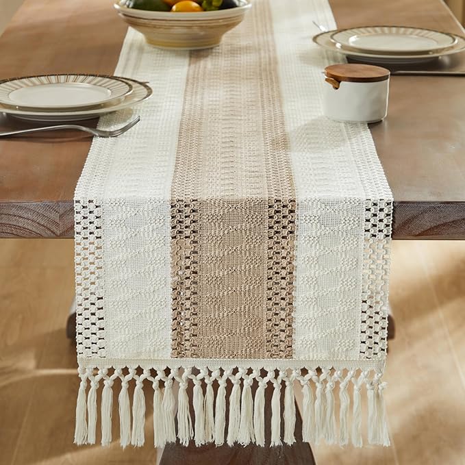 ZeeMart Macrame Style Bicolor Stitching Table Runner, 14 x 48 Inch Taupe/Ivory - Image 3