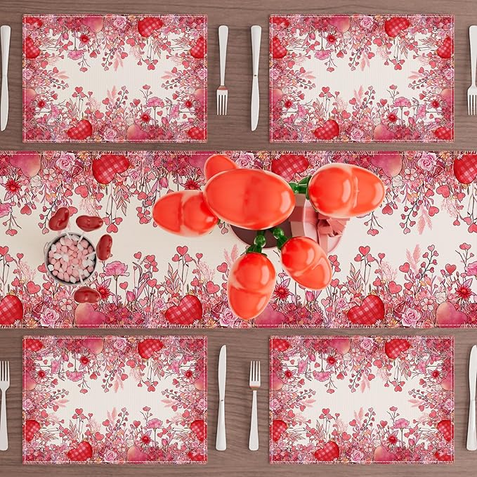 XCHI Wild Flowers Love Hearts Valentine’s Day Placemats Set of 4 Table Mats - Image 2
