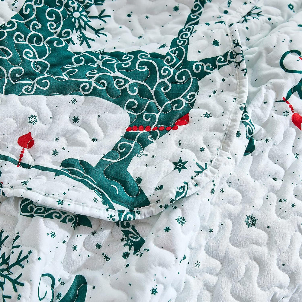 Hansleep Christmas Bedspread Queen Size, Green Reindeer Quilt Bedding Set