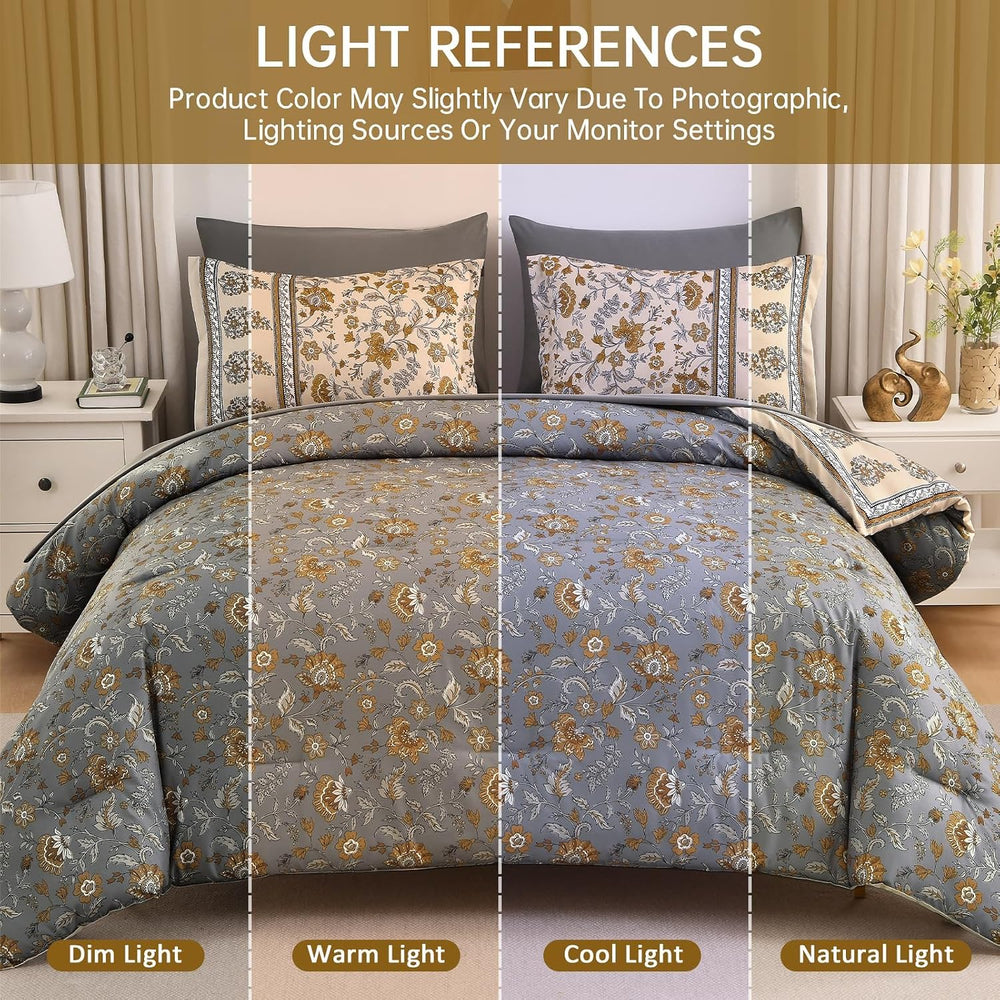Comforter Set Full Size Boho,Bohemain Beige Bedding Paisley Floral 7 Pieces