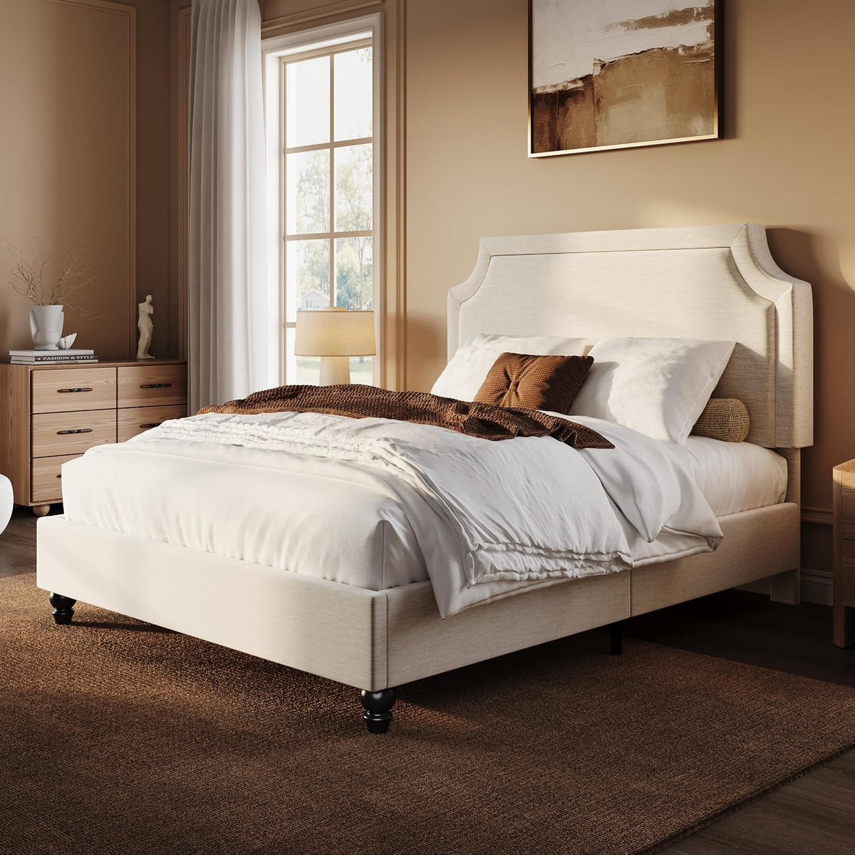sha cerlin queen chenille upholstered platform bed frame, side view