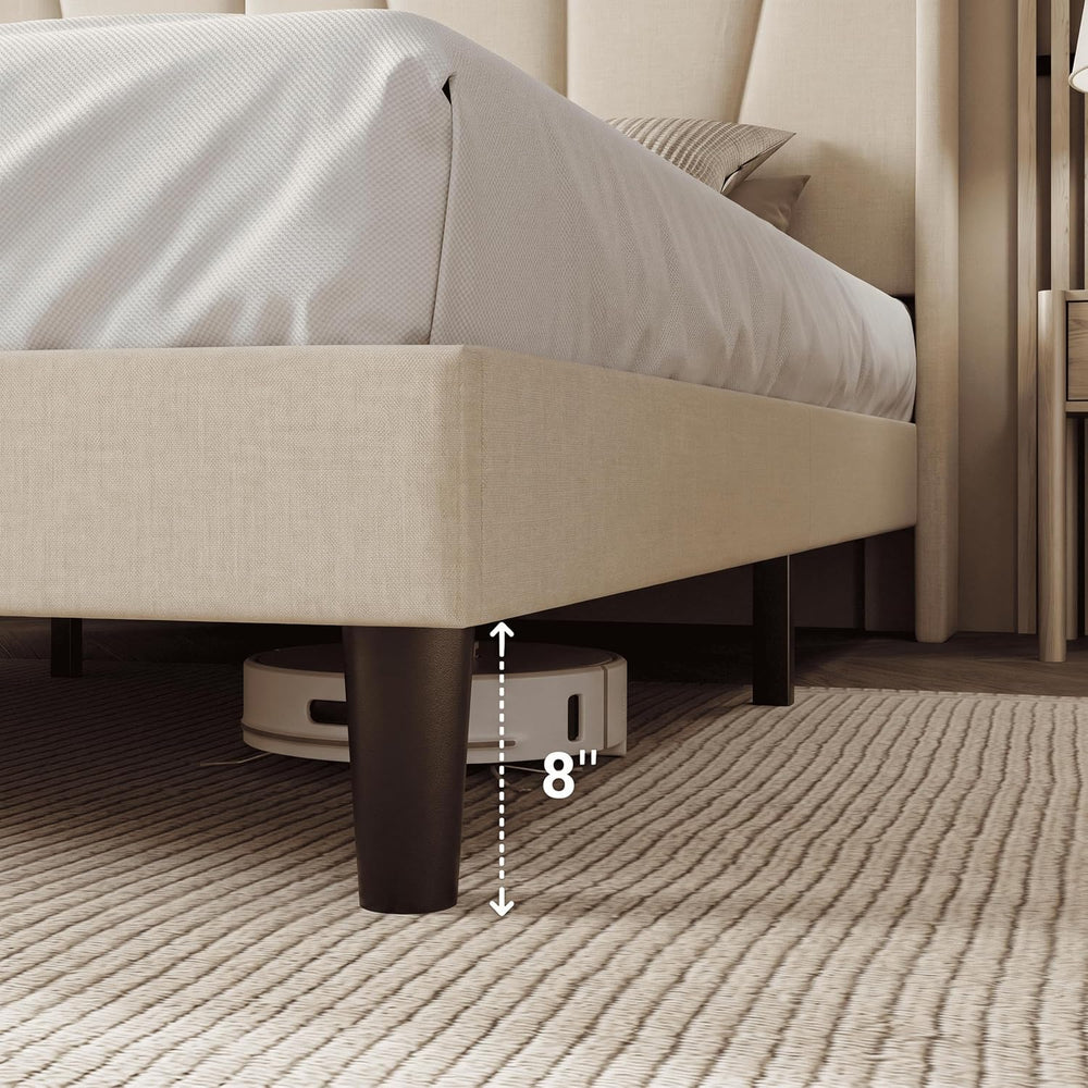 Allewie King Size Platform Linen Bed Frame with Headboard, Beige