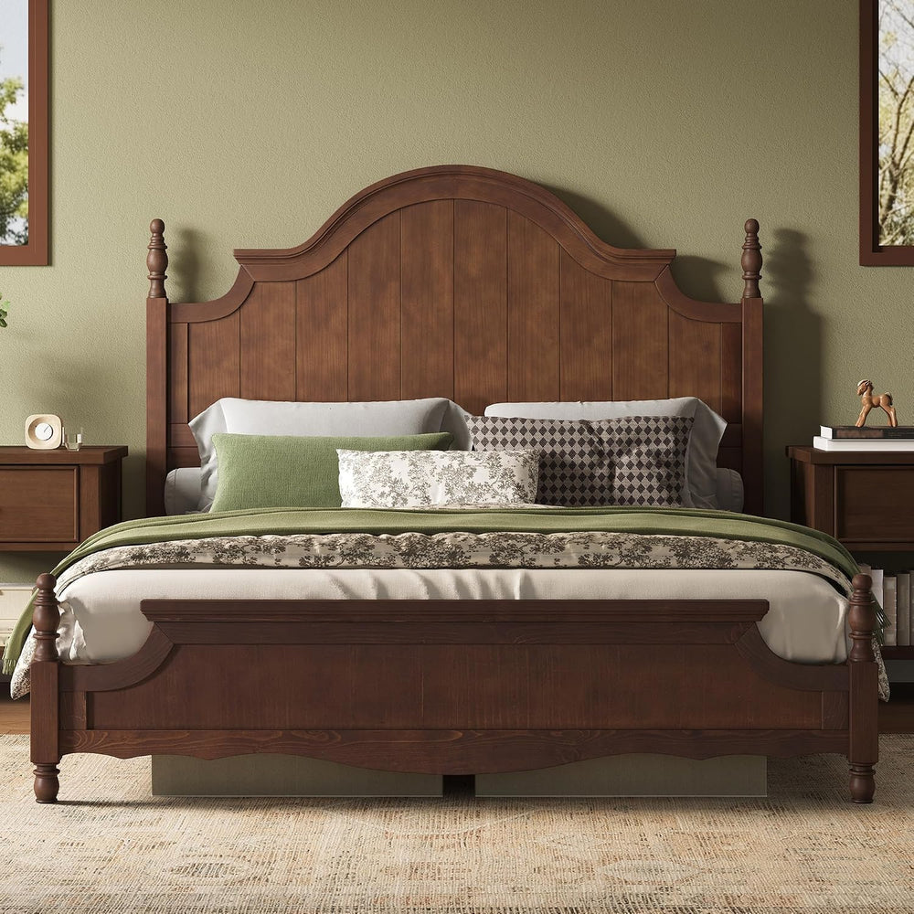 AMERLIFE Queen Solid Wood Poster Bed with Arched Headboard, Dark Walnut