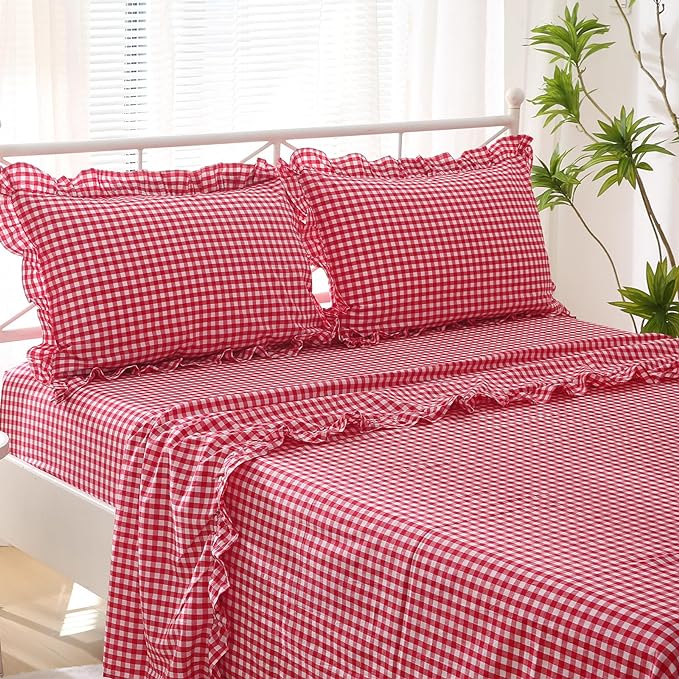 2 Pack Red White Plaid Ruffle Gingham Pillow Shams Standard Size, 100% Washed - Image 3