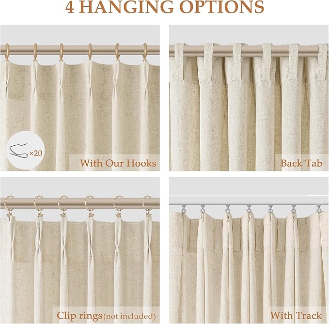 Beige 102 Inch Long Curtains Pinch Pleat Linen Curtains - Image 2