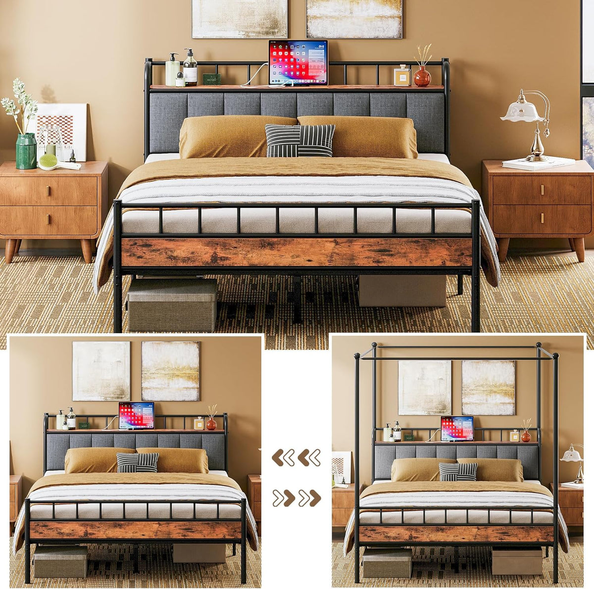 likimio full canopy bed frame, storage headboard with, side view