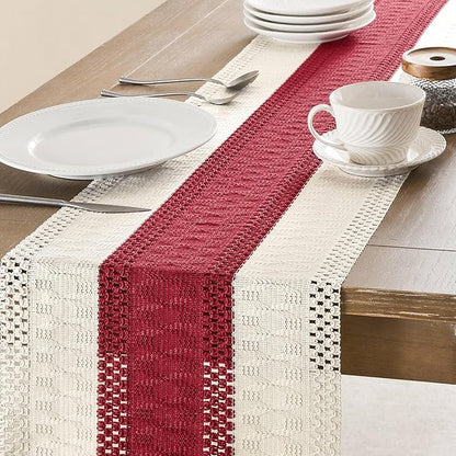 ZeeMart Macrame Style Bicolor Stitching Table Runner, 14 x 60 Inch Red/Ivory - Image 4