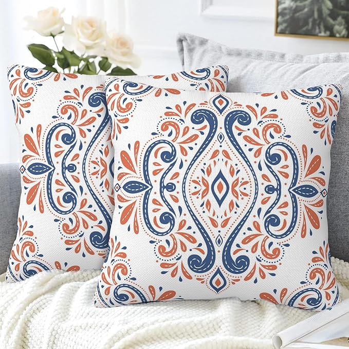 Throw Pillow Covers Blue and Orange Floral Pillow Covers 16x16 Inch Set of 2 - Image 4