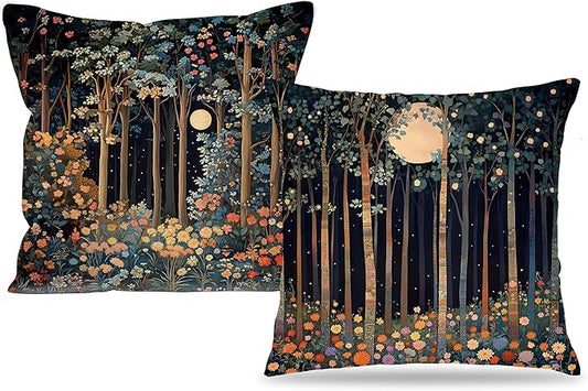 Vintage William Morris Moon Inspired Forest Decor Throw Pillow Covers 18x18 Set by Unknown