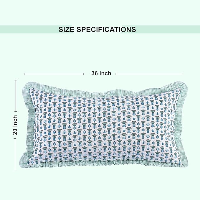 Ridhi Aquamarine Blue 100% Cotton Block Print Ruffle Bed Sham Cover 20''×36'' - Image 4