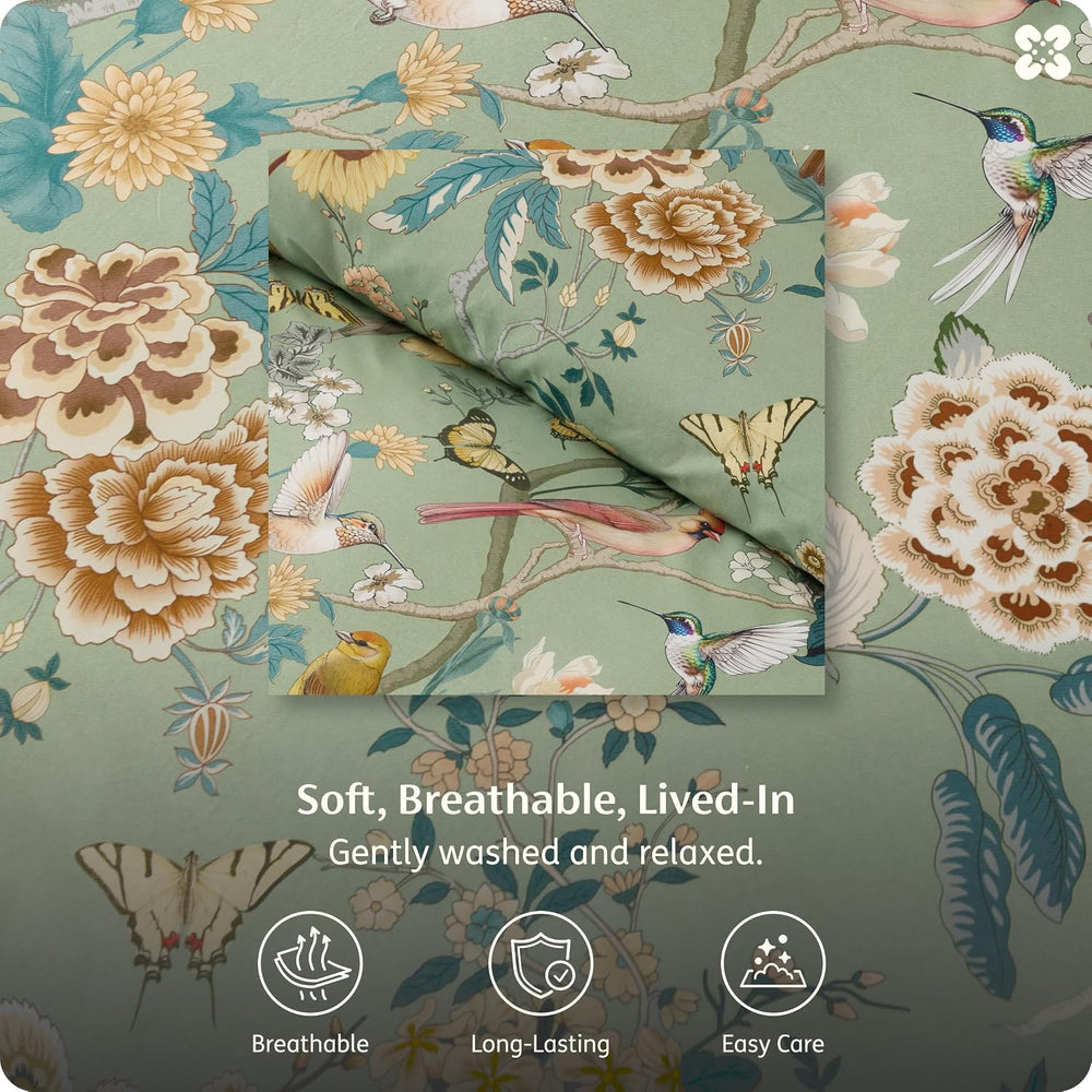 Bedsure PureWoven 100% Cotton Floral Duvet Cover Set, Queen, Green Garden