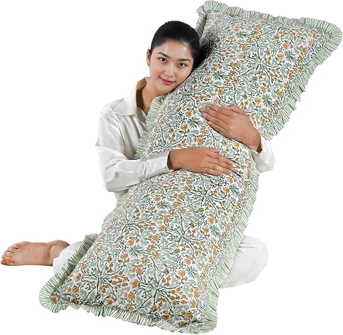 Ridhi Goldenrod Yellow 100% Cotton Block Print Ruffle Lumbar Sham Cover by Ridhi
