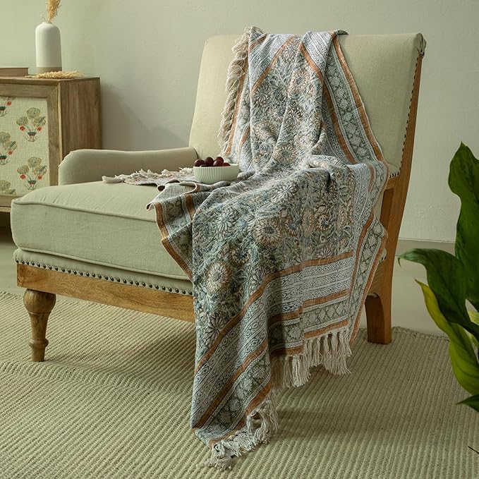 100% Pure Cotton Handblock Printed Throw Blanket, Soft 50" x 60" Fringed Floral by Unknown