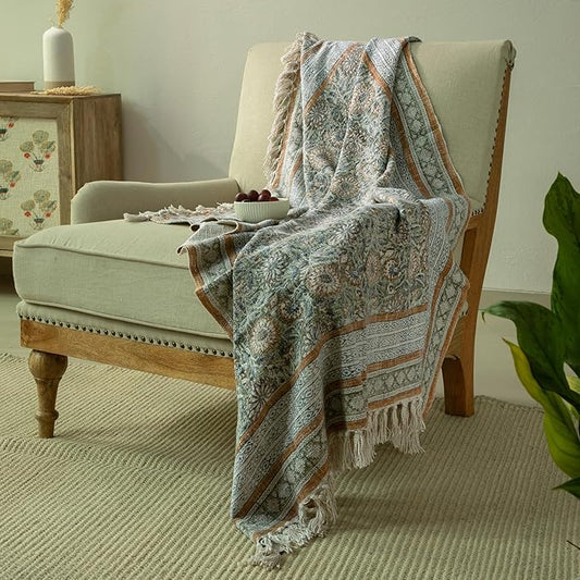 100% Pure Cotton Handblock Printed Throw Blanket, Soft 50" x 60" Fringed Floral by Unknown