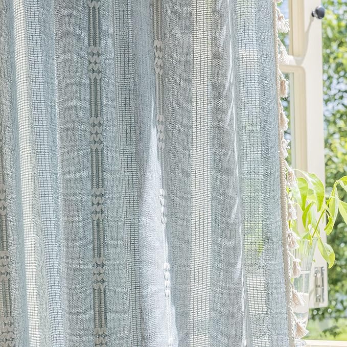 ENJOYBRIDAL Boho Curtains 96 Inch Length 2 Panels Semi Sheer Blue Grey Drapes - Image 7