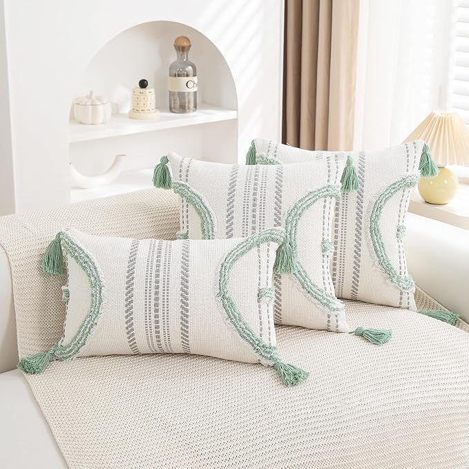 Boho Throw Pillow Covers 18x18 Set of 2 Cotton Woven Tufted Farmhouse Pillows - Image 6