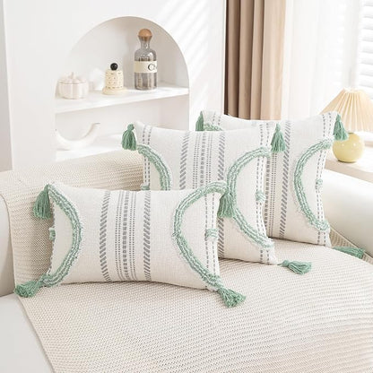 Boho Throw Pillow Covers 18x18 Set of 2 Cotton Woven Tufted Farmhouse Pillows - Image 6