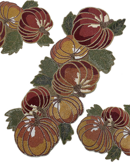 Thanksgiving Pumpkin Beaded Table Runner for Fall - Luxury Thanksgiving Decoration Table mat - Unique Halloween and Fall Decoration in Yellow Orange Green and red
