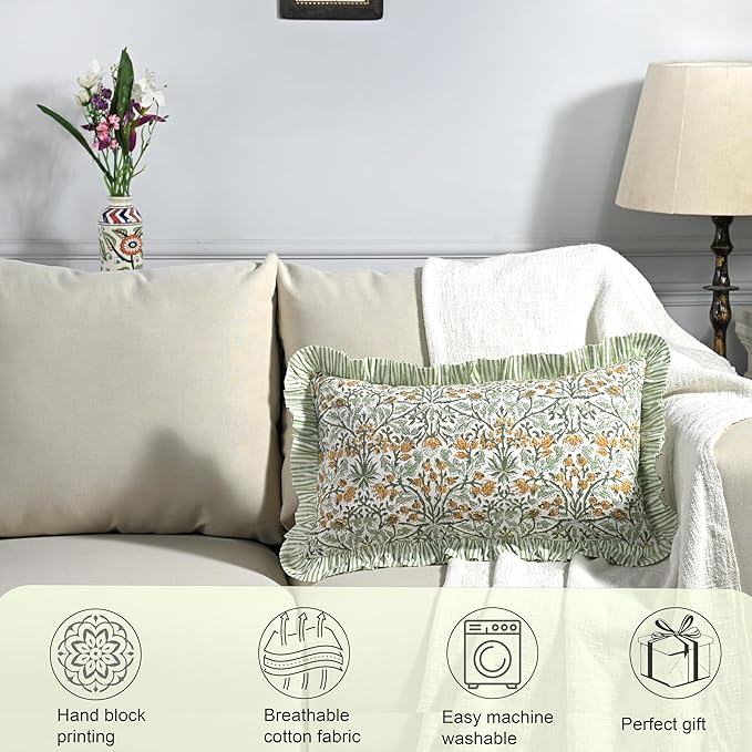 Ridhi Goldenrod Yellow 100% Cotton Block Print Ruffle Lumbar Sham Cover - Image 4