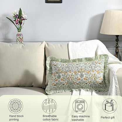 Ridhi Goldenrod Yellow 100% Cotton Block Print Ruffle Lumbar Sham Cover - Image 4