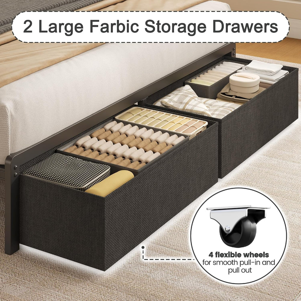 Fluest Full Bed Frame with 2 Drawers, Upholstered Headboard with Storage and ...