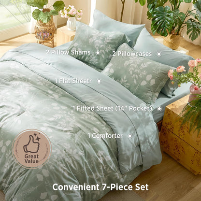 bedsure sage green queen comforter set, floral bedding, package contents