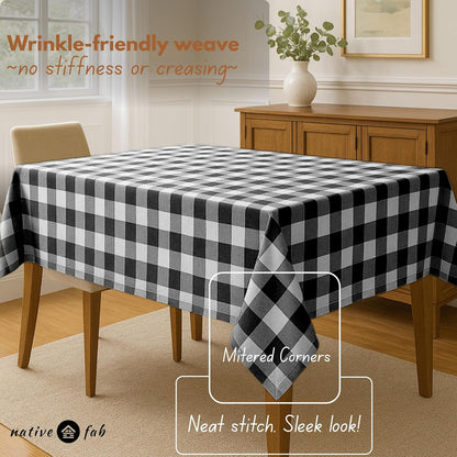 Native Fab Buffalo Check Tablecloth, 100% Cotton, 60x102 Inches, Classic Farmhouse Dining Table Cover, Perfect for Weddings, Halloween, Holiday Gatherings, Indoor Outdoor Décor, Black and White