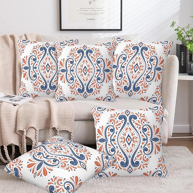 Throw Pillow Covers Blue and Orange Floral Pillow Covers 16x16 Inch Set of 2 - Image 6