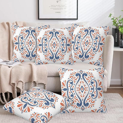 Throw Pillow Covers Blue and Orange Floral Pillow Covers 18x18 Inch Set of 2 - Image 6