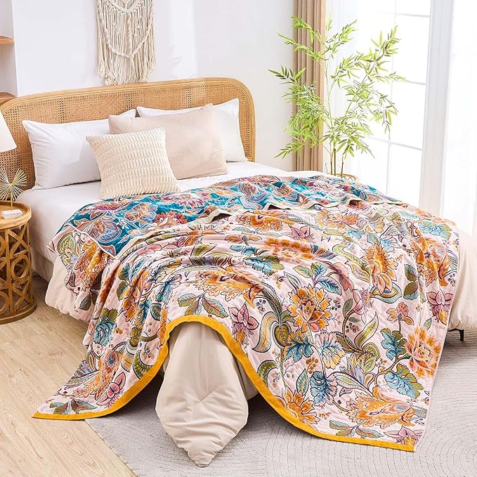 Boho Throw Blanket for Bed, 100% Cotton Soft Rustic Quilt Fall Blanket - Image 6