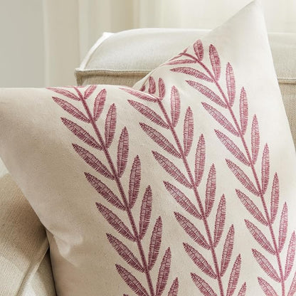 100% Cotton Farmhouse Leaves Throw Pillow Covers Set of 2, 20x20 Inch Burgundy - Image 2
