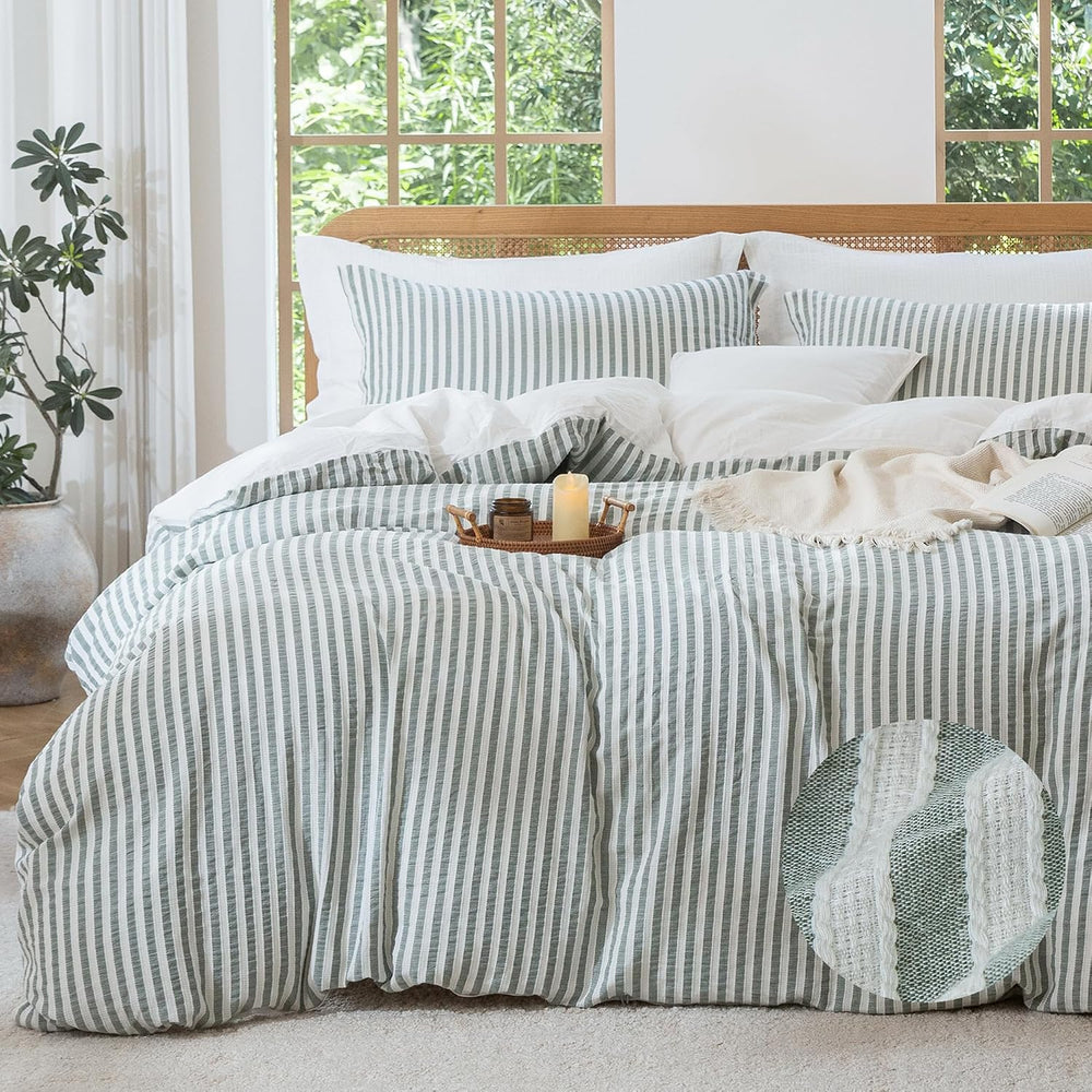 MILDLY Jacquard Striped Duvet Cover Set 3pcs Dual Zipper Sage Queen