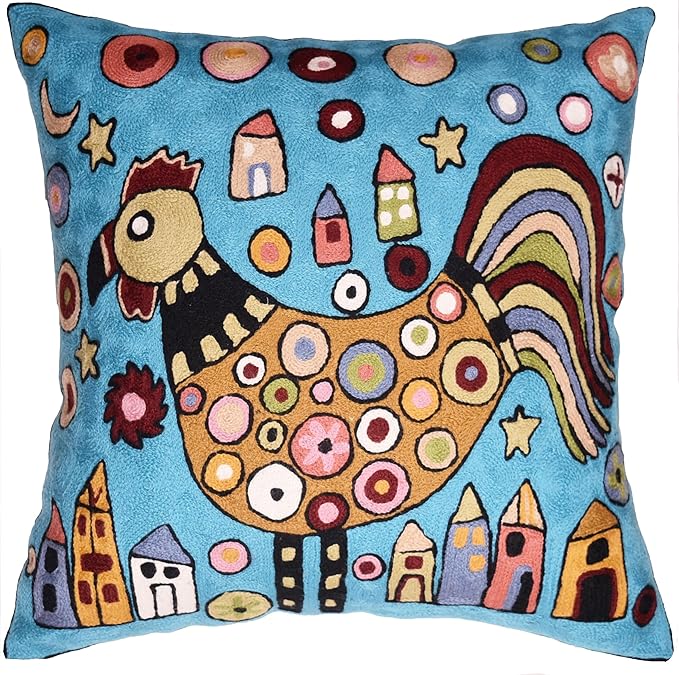 Turquoise Rooster Accent Pillow Cover Bird Cockerel Decorative Pillowcase Karla by Kashmir+Designs