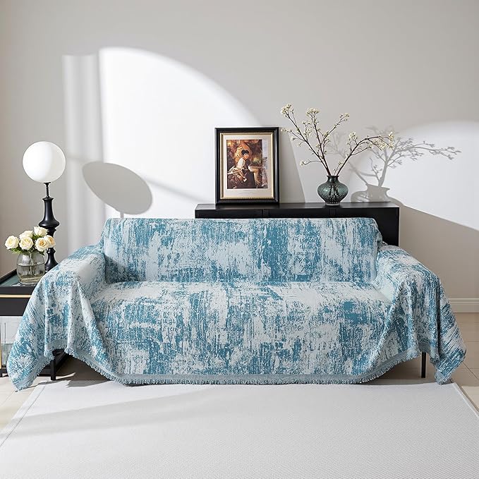 MEETSKY Blue Couch Cover Sectional Sofa Covers Washable Chenille Geometric - Image 2