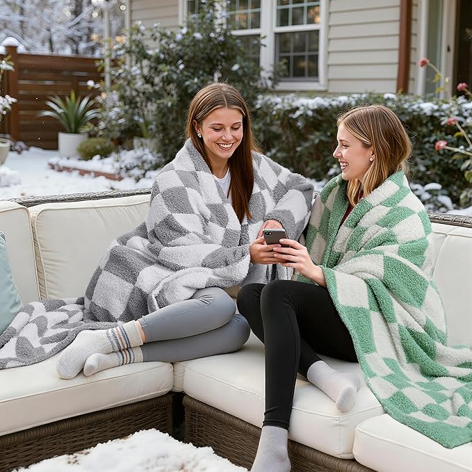 Joiedomi Twin Blanket for Couch Bed, Light Grey Checkered Knitted Blankets - Image 6