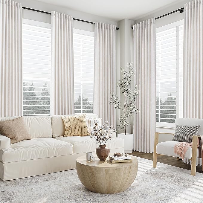 Beige White Pinch Pleated Linen Curtains 63 Inch Length 2 Panels - Image 7