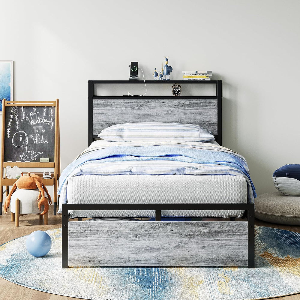 LIKIMIO Twin Bed Frames with Drawer and Charging Station, Industrial Gray