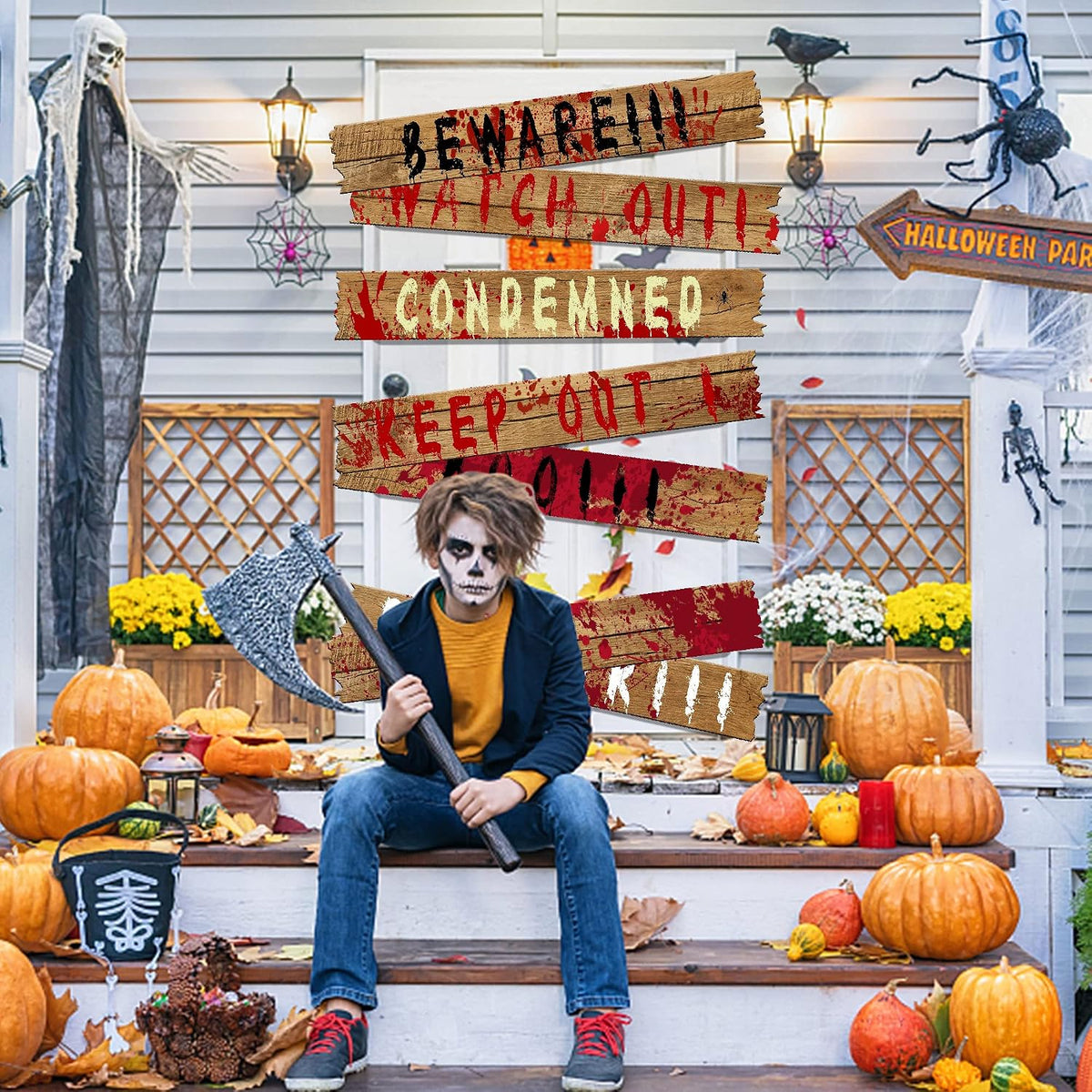 10Pcs 39"x4.7" Halloween Haunted Window Boards, Scary Window Warning Signs