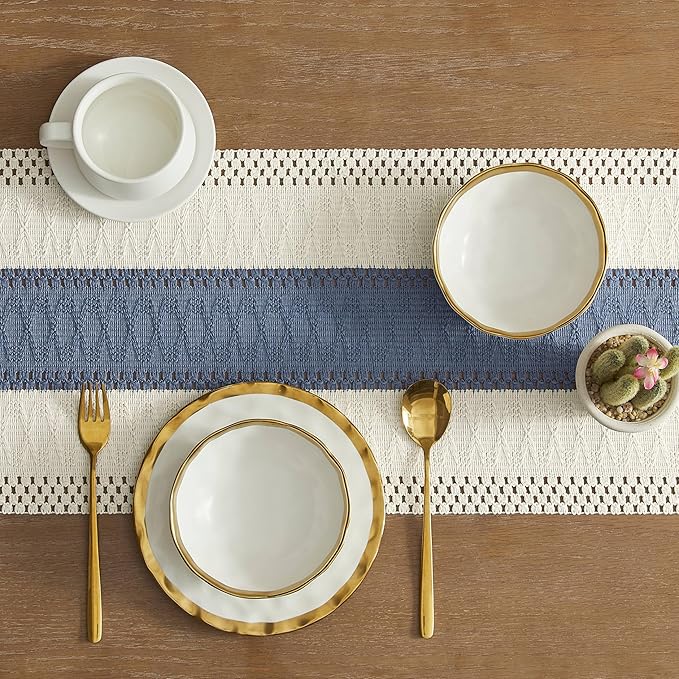 ZeeMart Macrame Style Bicolor Stitching Table Runner, 12 x 90 Inch Blue/Ivory - Image 5