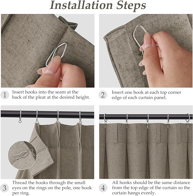 Mocha Pinch Pleat Linen Curtains 102 Inch Length 2 Panels Set - Image 6