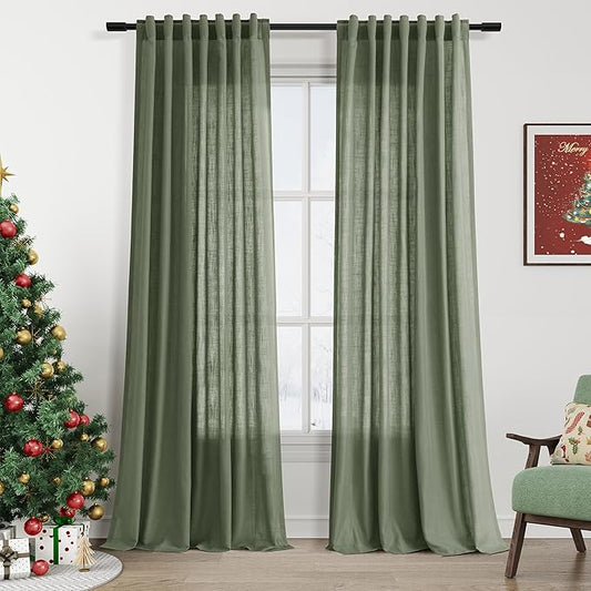 Extended Curtain Olive Green Linen Sheer Curtains by Nanspring