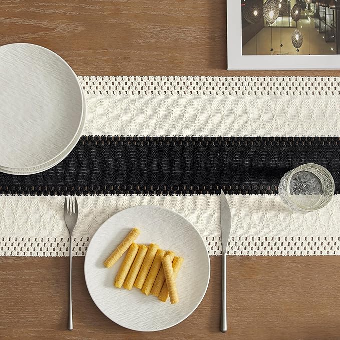 ZeeMart Macrame Style Bicolor Stitching Table Runner, 12 x 108 Inch Black/Ivory - Image 5