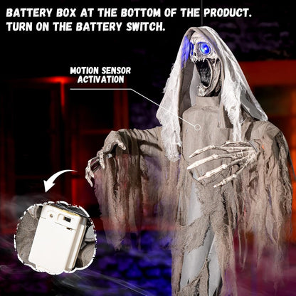 Halloween Animatronics Decorations Scary Hanging Ghost, 59'' Animated Halloween Skeleton Decor Motion Activated with Creepy Sound, Light Up Eyes, Party Decorations for Haunted House Indoor Outdoor