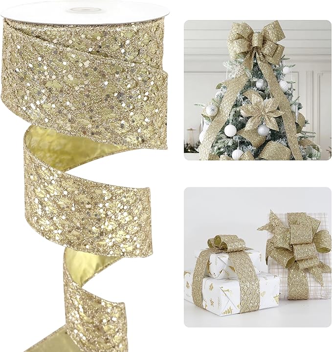 HUIHUANG Champagne Glitter Wired Ribbon by HUIHUANG