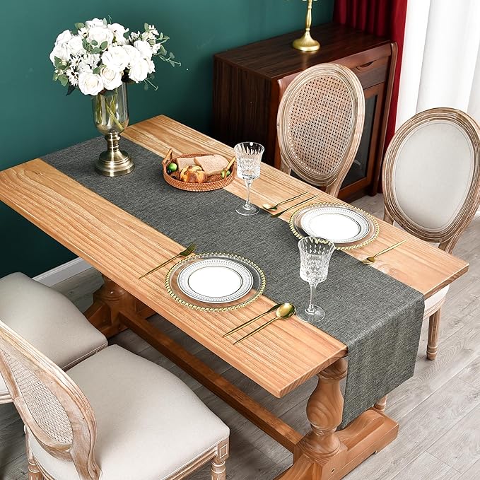 NEWISHER Farmhouse Rustic Table Runner Dark Grey Rectangular Table Runners Faux - Image 2