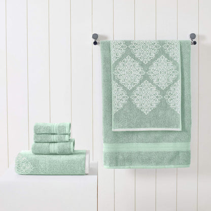 modern threads 6-piece 100% cotton damask medallion towel shown in use
