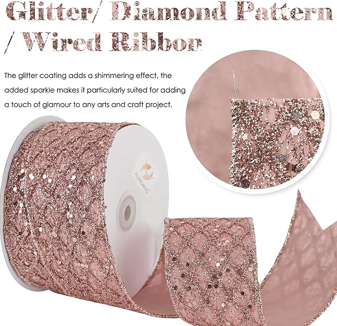 HUIHUANG Rose Gold Glitter Wired Ribbon - Image 4