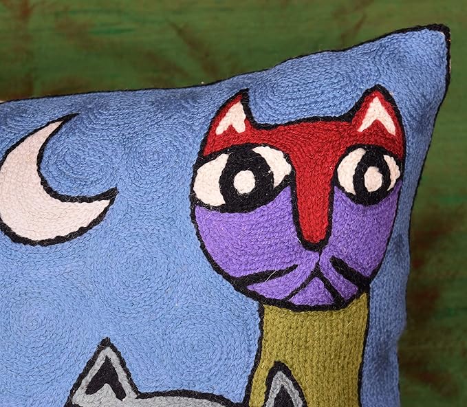 Picasso Blue Cat Pillow Cover Quadruplets Whimsical Hand Embroidered Wool 18x18 - Image 8