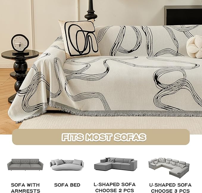 MEETSKY Boho Couch Cover Sofa Covers, Chenille Black Line Couch Covers - Image 6